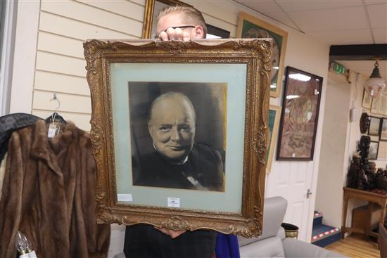 Arthur Boughey, watercolour, charcoal and chalk, Portrait of Winston Churchill, 34 x 30cm